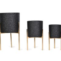 Metal Round Plant Pots with Stand (Pack of 3, Crackle Black Pot Gold Stand)