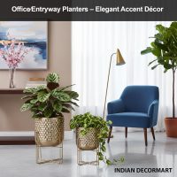 Gold Metal Floor Planter Set with Stand (Set of 2, Small & Medium Size)