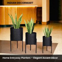 Metal Round Plant Pots with Stand (Set of 3) Black