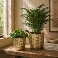 INDIAN DECORMART Gold Metal Planter Set of 2, Geometric Embossed Design, Indoor Plant Pots, 15.5x16.5 cm and 13x13 cm