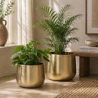 INDIAN DECORMART Gold Metal Planter Set of 2, Round Indoor Plant Pots, 21x28 cm and 18x24 cm