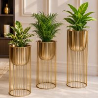 INDIAN DECORMART Premium Metal Planter with Stand | Gold Finish Indoor Outdoor Flower Pot for Living Room Balcony Garden Home Decor (Set of 3)