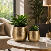 INDIAN DECORMART Metal Plant Pots | Indoor Planter Flower Pots for Home Decor, Garden (Gold)