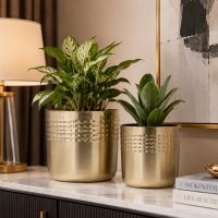 INDIAN DECORMART Gold Metal Planter Set of 2 with Embossed Dot Design, 23x25 cm and 20x23 cm