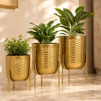 INDIAN DECORMART Metal Planter Set with Stand, Gold Honeycomb Pattern, 2 Different Sizes, Decorative Indoor Outdoor Plant Holders (Set of 2)