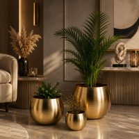 INDIAN DECORMART Metal Planter, Circular Shape, Gold Finish, Indoor Outdoor Plant Pot, Tabletop Planter (Set of 3)