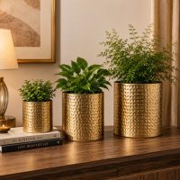 INDIAN DECORMART Hammered Metal Planter Set of 3, Gold Finish, Cylindrical, Sizes 24x24, 18x19 and 15x15 cm