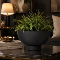 INDIAN DECORMART Metal Planter Bowl, Black, Round Pedestal Base, 36 x 20 cm