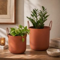 INDIAN DECORMART Metal Planter Set of 2 with Handles, Terracotta, Large 39x31 cm and Small 31x25 cm, Indoor Plant Pots