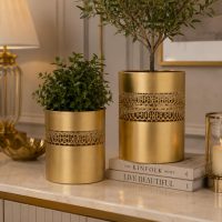 INDIAN DECORMART Metal Planter Set of 2, Gold, Cylindrical with Decorative Cutwork Band, 27x20x20 cm and 19x16x16 cm
