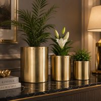 INDIAN DECORMART Gold Metal Cylindrical Planter Set of 3, Indoor Plant Pots, 24x24 cm, 18x19 cm and 15x15 cm