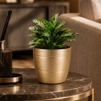 INDIAN DECORMART Metal Planter, Aluminium, Gold Textured Finish, Round Shape, 14.5x14.5x13.5 cm, Modern Style, Indoor Use (1 Pc)