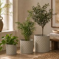 INDIAN DECORMART Metal Cylinder Planters, Grey, Textured Basket Weave Design, Set of 3, Sizes 23x25 cm, 18x19 cm and 15x15 cm