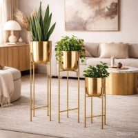 INDIAN DECORMART Metal Planter Set of 3 | Raised Plant Pots with Stand | White Crackle Finish for Home & Living Decor | Floor Planter (Iron, L 27x27x100 Cm, M 26x26x75 Cm, S 24x24x50 Cm, Pack of 3)