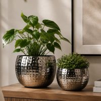 INDIAN DECORMART Metal Hammered Planter Set | Textured Steel Grey Finish | Decorative Plant Pots for Living Room, Balcony, Garden | Indoor Outdoor Decor (Pack Of 2, Steel Grey, 30x30x24 & 26x26x19 cm)