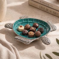 INDIAN DECORMART Turtle Shaped Decorative Serving Tray, Silver and Turquoice, Aluminium, 26 cm L x 22 cm W x 8 cm H, Marine Life Theme