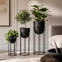 INDIAN DECORMART Metal Planter Set of 3, Black, Round Bowl Shape, Tall Stand, Sizes 86x30x30, 76x26x26 and 62x21x21 cm