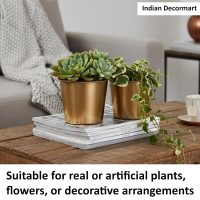 INDIAN DECORMART Metal Planter Set | Elegant Gold Finish | Decorative Flower Pots for Living Room, Balcony, Terrace & Garden | Indoor Outdoor Home Decor (Pack of 2, Gold, 18x18x15 & 15x15x14 cm)