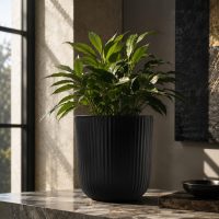 INDIAN DECORMART Modern Black Metal Planter for Home Decor & Gifting| Vertical Ribbed Indoor Outdoor Flower Pot for Living Room, Bedroom, Balcony & Office Table | 25x25x26.5 cm (Matt Black, 1 Unit)