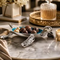 Aluminium Decorative Turtle Tray, Silver and Blue, 26x22x8 cm, Serving Platter for Home, Party, Restaurant, Office Reception