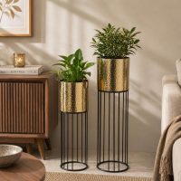 INDIAN DECORMART Hammered Metal Planter Set of 2 with Black Wire Stand, Gold Finish, 82x24x24 cm and 97x21x21 cm
