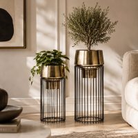 INDIAN DECORMART Metal Wire Planter Set of 2, Black and Gold, Cylindrical, Indoor Outdoor Decorative Pots, Large 77x31x31 cm and Small 61x23x23 cm