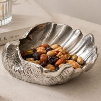 INDIAN DECORMART Seashell Decorative Bowl, Silver Aluminium, 30 cm W x 23 cm L x 8 cm H, Coastal Nautical Theme, Metallic Finish Bowl (1 Pc)