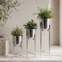 INDIAN DECORMART Unique Metal Planter | Modern Metal Indoor Floor Plant Stand with Planter Pot | Home, Office, Outdoor Decoration (Pack of 3 | Silver | L 28X28X99; M 25X25X73.5; S 22.5X22.5X48 cm)